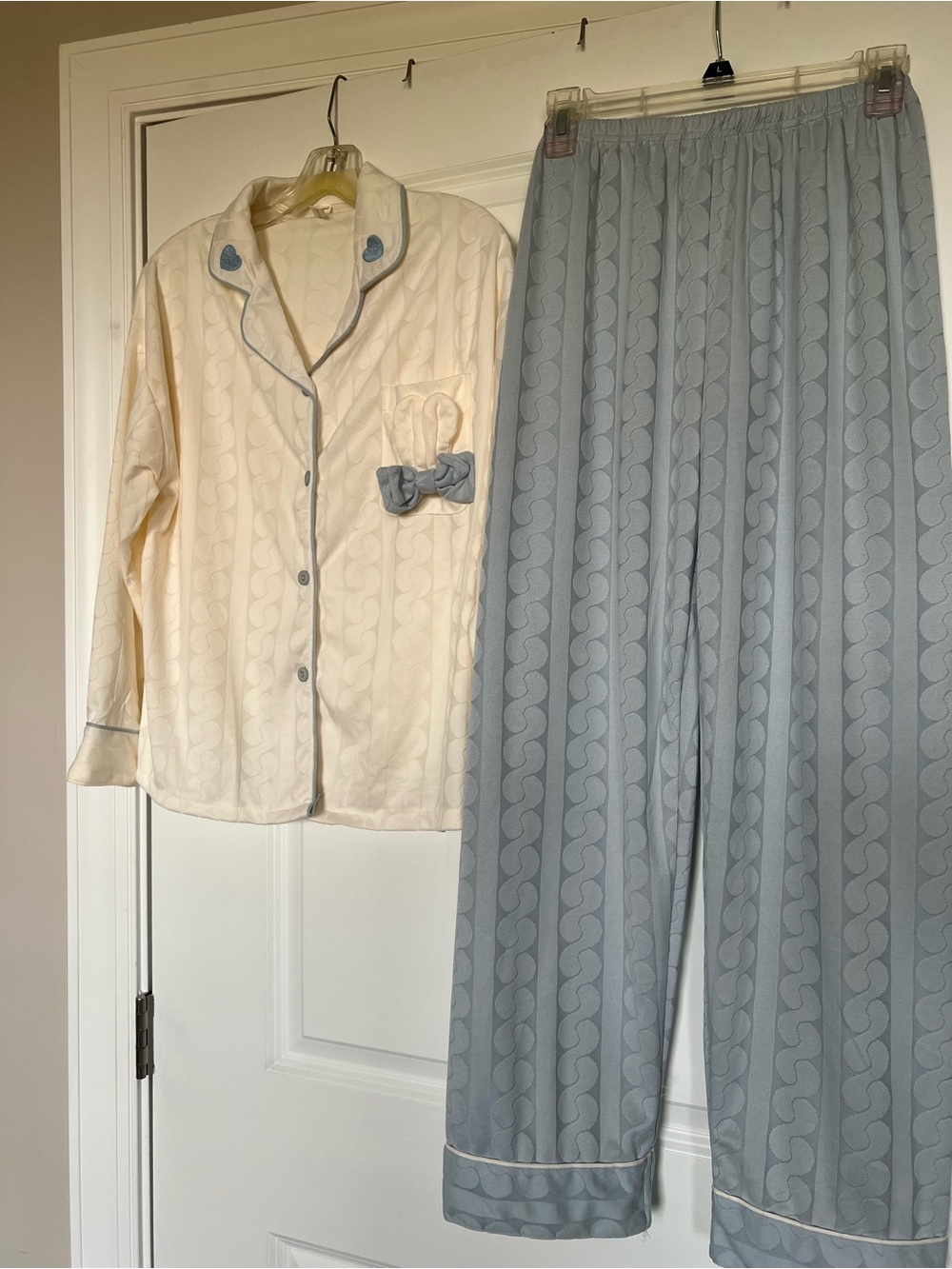 Women’s Two-Piece Pajama Set in Cream and Light Blue
